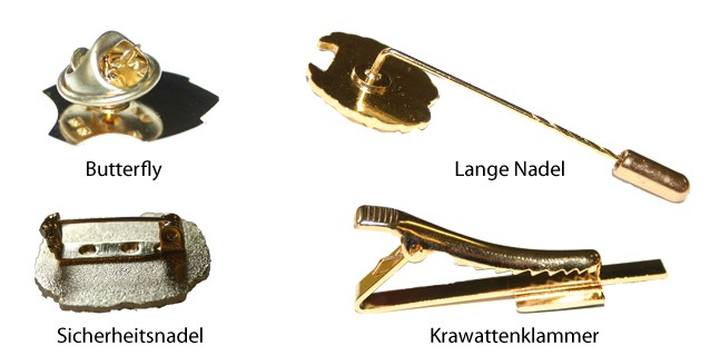 Anstecknadel und Pins - verschiedene Befestigunsl&ouml;sungen